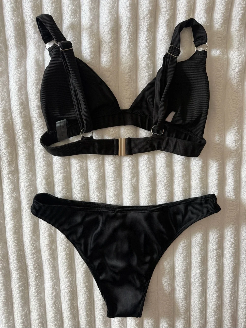 Black Ribbed Triangle Bikini Set - Women Swim